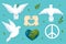 Peace symbols set with pigeon, Earth, arms with love sign, doves different postures with olive brunch