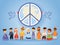 Peace united nations, vector illustration. People of different races, nationalities, countries and cultures holding