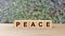 Peace word wooden cubes on table vertical over blur background with climbing green leaves, mock up, template, banner with copy