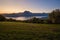 Peaceful autumn Alps mountain lake. Sunrise view to Traunsee lake, Gmundnerberg, Altmunster am Traunsee, Upper Austria