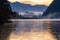 Peaceful autumn Alps mountain lake. Sunrise Wolfgangsee lake view, St. Wolfgang im Salzkammergut, Upper Austria