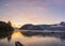 Peaceful autumn Alps mountain lake. Sunrise Wolfgangsee lake view, St. Wolfgang im Salzkammergut, Upper Austria