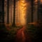 Peaceful autumn scene featuring a trail in the woods illuminated by golden light. AI-generated.