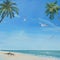 Peaceful beach scene with calm ocean waters and clear blue sky. Serene oasis of solitude