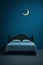 A Peaceful Blue Bedroom with a Moon and Stars on the Wall Description