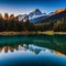 Peaceful blue tranquil lake with partially snow covered mountain on the back during a sunset.