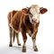 A peaceful bovine stands tall against a serene white backdrop, captivating onlookers with its gentle snout