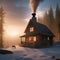 A peaceful cabin in the woods with smoke rising from the chimney, a deer, and a family of rabbits1