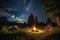 peaceful campsite with bonfire and starry night sky in the background