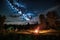 peaceful campsite with bonfire and starry night sky in the background