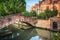 Peaceful Canal in idyllic Bruges with bridge, Belgium