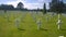 Peaceful cemetery scene surrounded by lush green grass and trees