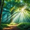 peaceful clearing in the with rays of sunlight piercing through the canopy and