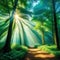 peaceful clearing in the with rays of sunlight piercing through the canopy and