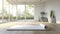 A Peaceful Corner with an Unrolled White Yoga Mat on a Wooden Floor, Amidst Big Windows and White Walls