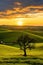 A peaceful countryside with a golden sunset, a lone tree