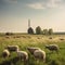 peaceful countryside with a herd of sheep grazing on a rolling meadow with a picturesque windmill in the background