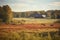 A peaceful countryside scene with a red barn in the distance, surrounded by fields of hay and cattle grazing lazily. Generative AI