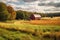 A peaceful countryside scene with a red barn in the distance, surrounded by fields of hay and cattle grazing lazily. Generative AI