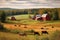 A peaceful countryside scene with a red barn in the distance, surrounded by fields of hay and cattle grazing lazily. Generative AI