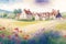 A peaceful countryside scene of a village surrounded by fields and meadows watercolor painting generated by Ai