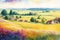 A peaceful countryside scene of a village surrounded by fields and meadows watercolor painting generated by Ai