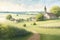 A peaceful countryside scene of a village surrounded by fields and meadows watercolor painting generated by Ai