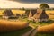 A peaceful countryside village with thatched-roof houses and fields of golden wheat generated by Ai