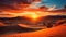 A peaceful desert landscape with sand dunes, a vivid orange sunset, and a few cacti in the foreground