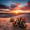 A peaceful desert landscape with sand dunes, a vivid orange sunset, and a few cacti in the foreground