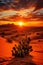 A peaceful desert landscape with sand dunes, a vivid orange sunset, and a few cacti in the foreground