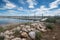 Peaceful dock and pier along the Bridger Bay in Great Salt Lake inside of Antelope Island State Park