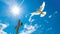 Peaceful dove soaring by a wooden cross under sunny skies.