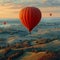 The peaceful drift of a hot air balloon over rolling hills