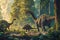 A peaceful encounter of various dinosaur species in a lush, vibrant prehistoric jungle environment