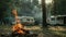 Peaceful Evening Campfire in a Forest Campground With Recreational Vehicles Nearby