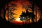 peaceful forest with orange sunset and silhouetted trees