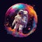 Peaceful galaxy astronaut - man in space suit inside softly glowing pink and blue soap bubble