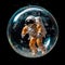 Peaceful galaxy astronaut - man in space suit inside softly glowing pink and blue soap bubble