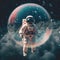 Peaceful galaxy astronaut - man in space suit inside softly glowing pink and blue soap bubble