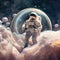 Peaceful galaxy astronaut - man in space suit inside softly glowing pink and blue soap bubble