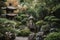 peaceful garden with japanese pagoda, water feature, and lanterns