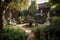 peaceful garden with serene water feature, surrounded by sculptures and other artistic elements