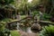peaceful garden with serene water feature, surrounded by sculptures and other artistic elements