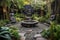 peaceful garden with serene water feature, surrounded by sculptures and other artistic elements