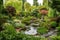 peaceful garden with winding pathways, blooming flowers, and tranquil water features