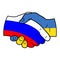 Peaceful handshake logotype. Hands in Russian and Ukrainian flag colors shaking. Support image against war between ukraine and rus