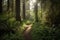 peaceful hike through forest with tall trees and sunlight filtering through the canopy