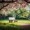 A peaceful image of a lone park bench nestled among blooming trees and lush greenery,