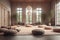 A peaceful image of a meditation room: The image could show a quiet room with people sitting on cushions and meditating. Muted